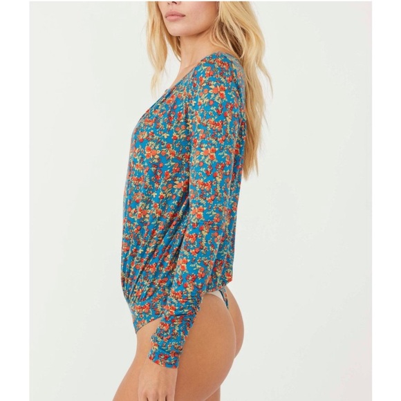 Free People Kaya Floral Printed Plunge Neckline Long Sleeve Bodysuit Turquoise - Picture 3 of 13
